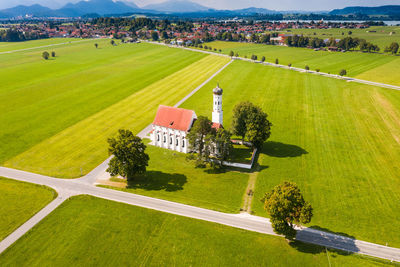 Aerial view of church near schwangau on summer day