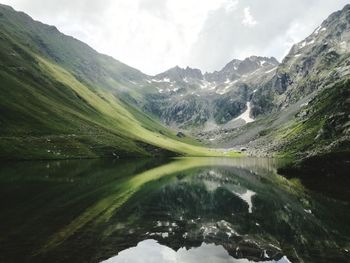 Scenic view of lake and mountains against sky