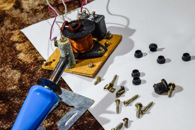 High angle view of tools on table