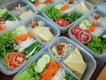 High angle view of chopped vegetables in bowl