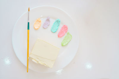 High angle view of cake in plate on table