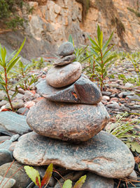 Close-up of stone stack on rock