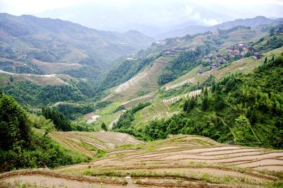 Scenic view of green landscape and mountains