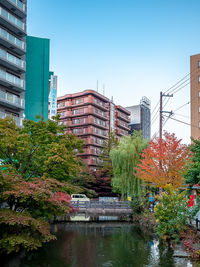 Buildings by river against clear sky