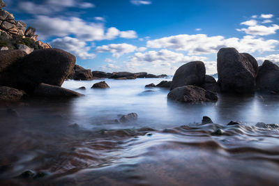 Waves at rocky shore against sky