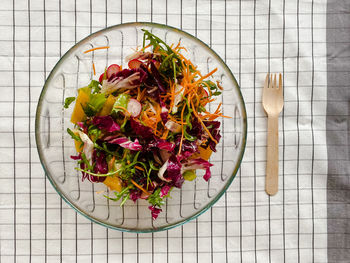 High angle view of food in plate on table