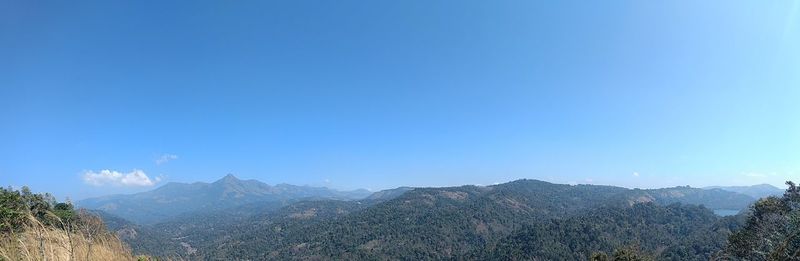 Scenic view of mountains against clear blue sky