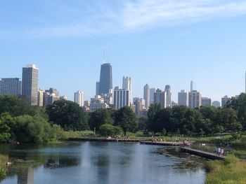 Pond in park with cityscape