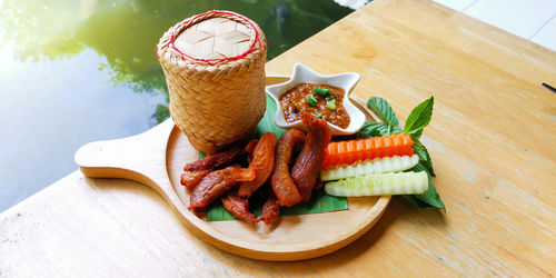 High angle view of food on table