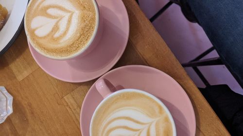 High angle view of cappuccino on table