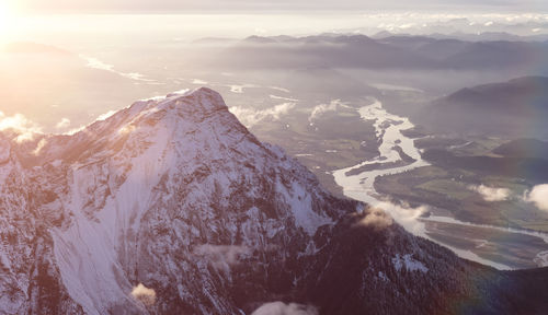 Aerial view of snowcapped mountains against sky