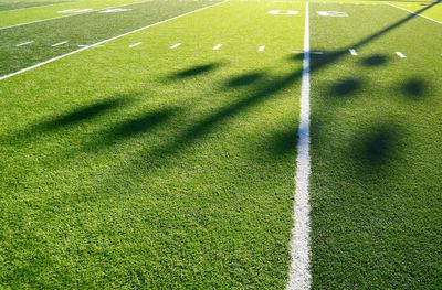 Long afternoon shadows on american football field