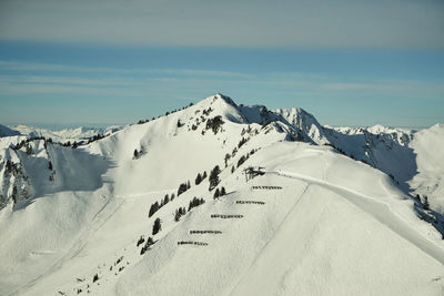 Scenic view of snow covered mountains against sky