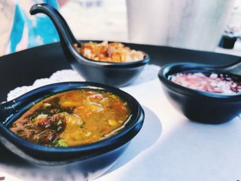 Close-up of soup in bowl on table