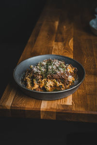 High angle view of food in plate on table