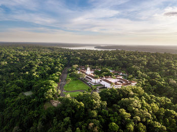 High angle view of plants and trees against sky