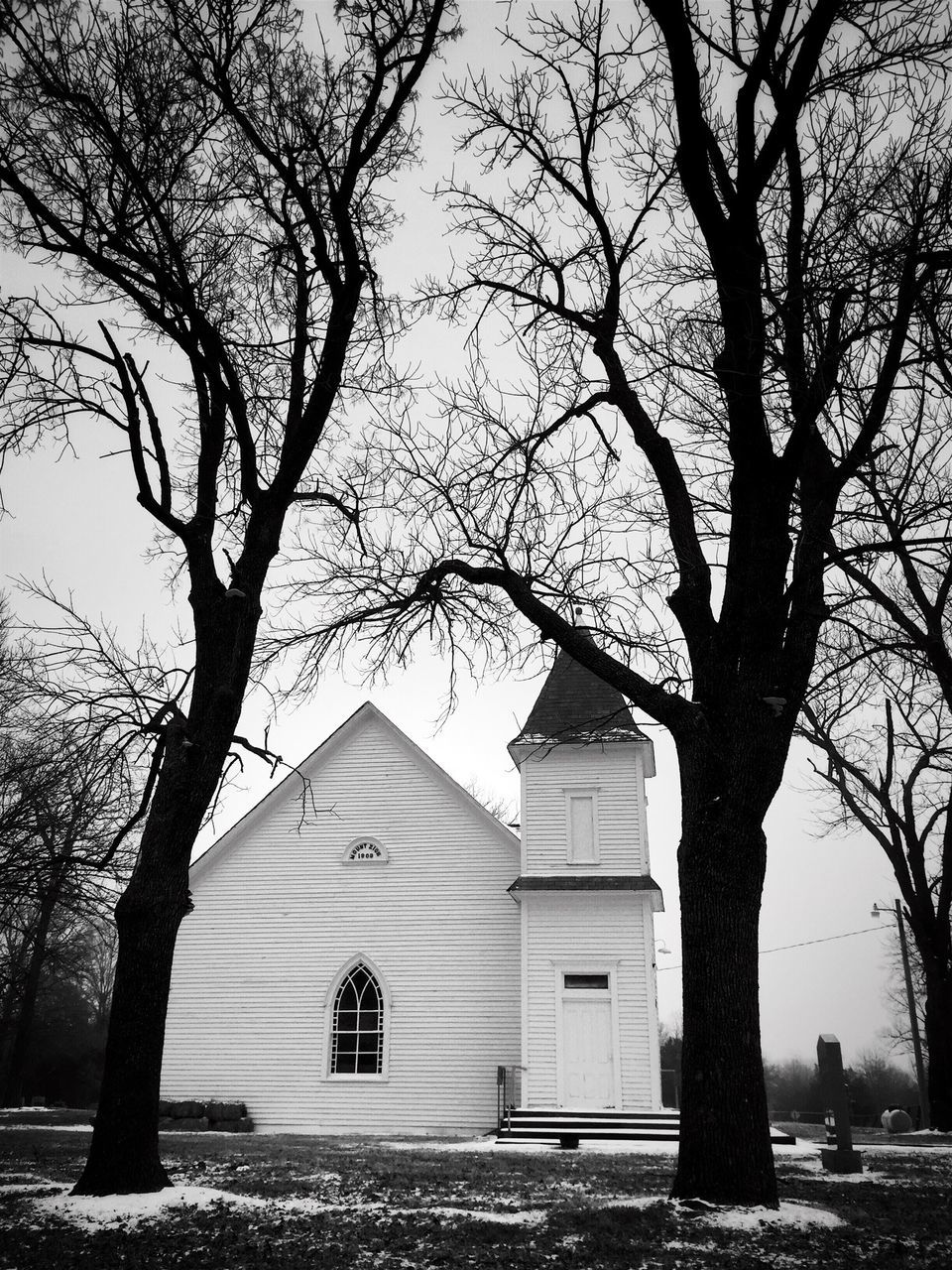 bare tree, tree, architecture, built structure, building exterior, branch, tree trunk, sky, clear sky, day, nature, outdoors, field, no people, tranquility, house, park - man made space, landscape, sunlight, shadow