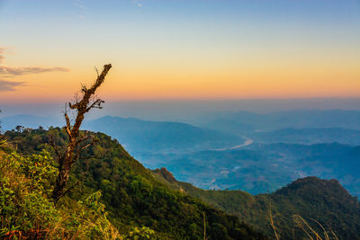 High angle view of mountains at dusk