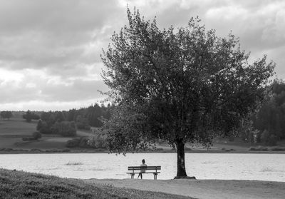 Young woman sitting alone on a bench under a tree by lake remoray in the evening