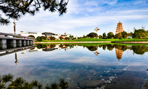 Reflection of buildings in lake