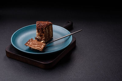 High angle view of dessert in plate on table