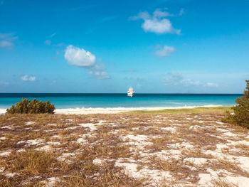 Scenic view of sea against blue sky