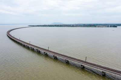 Aerial view of railway bridge above the reservoir of pa sak jolasid dam at lopburi, amazing thailand 