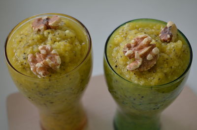 High angle view of ice cream in glass on table