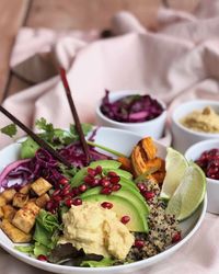 High angle view of meal served on table