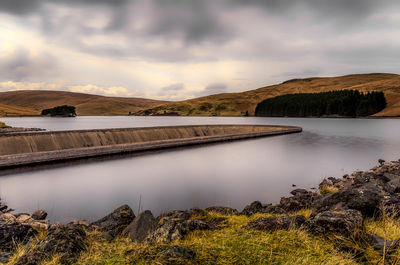 Scenic view of lake against cloudy sky