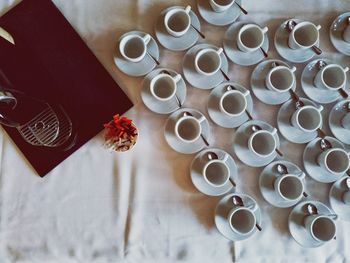 High angle view of coffee cup on table