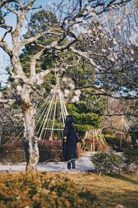 Rear view of woman standing by tree