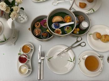 High angle view of breakfast on table