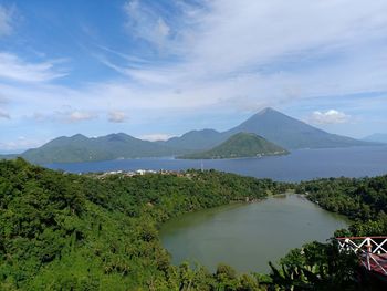 Scenic view of lake and mountains against sky