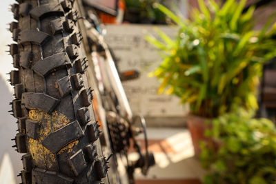 High angle view of bicycle wheel