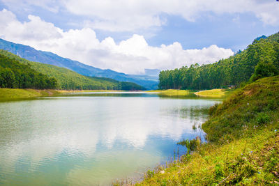 Scenic view of lake and mountains against sky