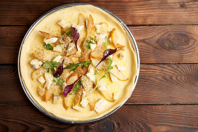 High angle view of food in bowl on table