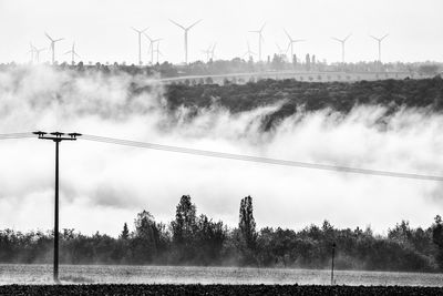 Telegraph lines with low clouds and numerous wind generators in the background