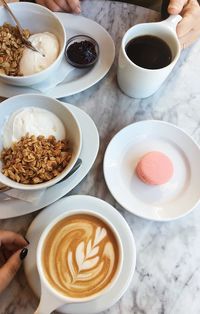 High angle view of breakfast served on table