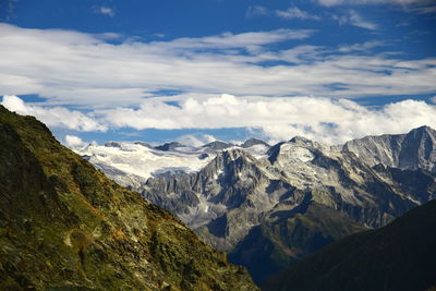 Scenic view of mountains against cloudy sky