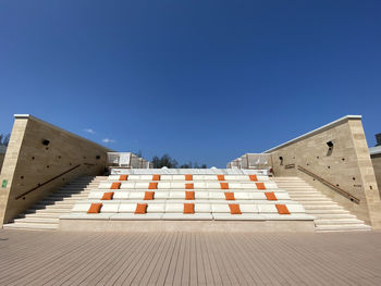 Low angle view of building against clear blue sky