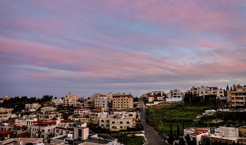 High angle shot of townscape against sky