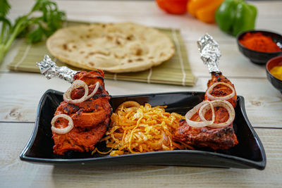 High angle view of food served on table