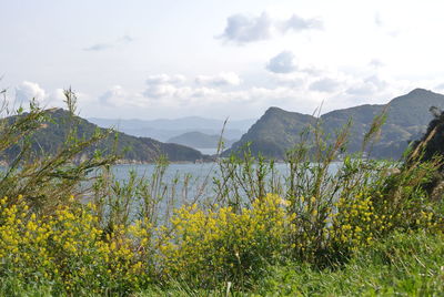 Scenic view of sea and mountains against sky