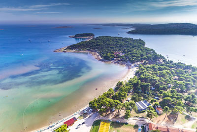 High angle view of bay against sky