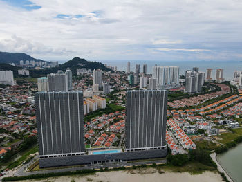 High angle view of cityscape against sky