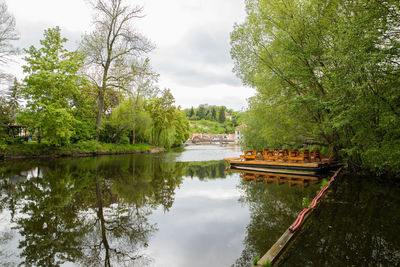 Scenic view of lake by trees against sky