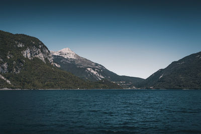 Scenic view of sea and mountains against clear blue sky