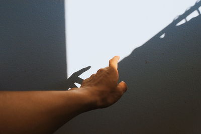 Cropped image of person hand against wall