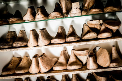 High angle view of shoes for sale